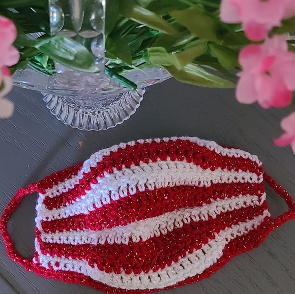 Hand Crafted Accessories - Candy Cane Crochet Lined Face Mask